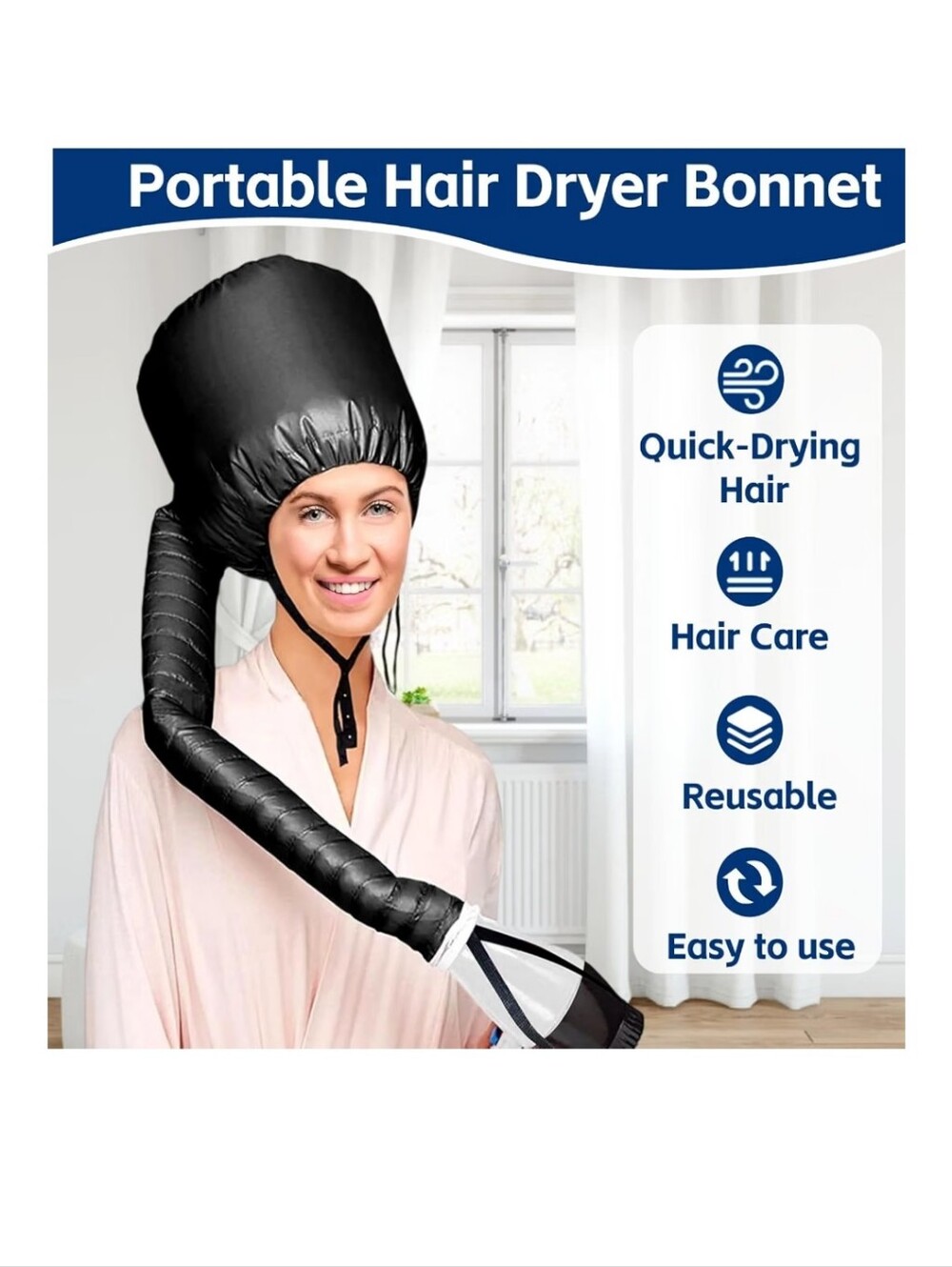 Portable Black Hair Dryer Bonnet Hood - Quick-Dry Hair Cap